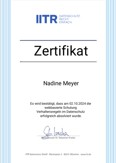 Zertifikat Datenschutzschulung