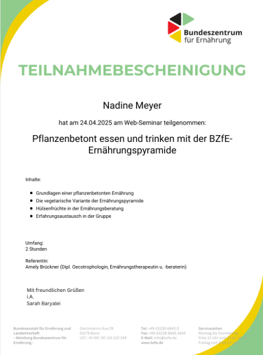 Teilnahmebescheinigung "Pflanzenbetont essen und trinken mit der Ernährungspyramide"