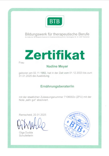Zertifikat BTB Ernährungsberater