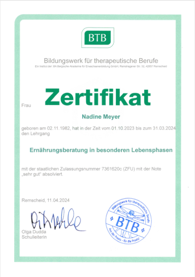 Zertifikat BTB Ernährung in besonderen Lebensphasen