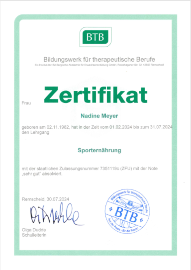 Zertifikat BTB Sporternährung