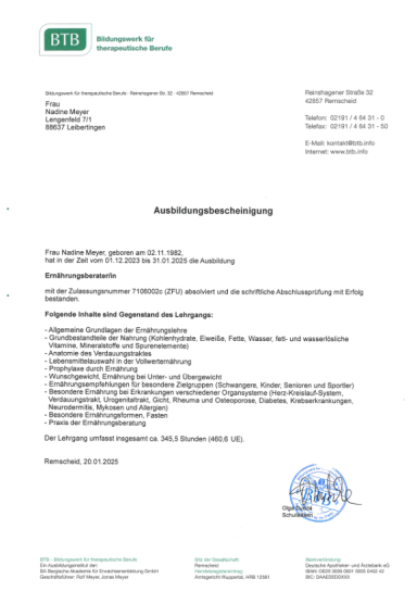 Ausbildungsbescheinigung BTB Ernährungsberater