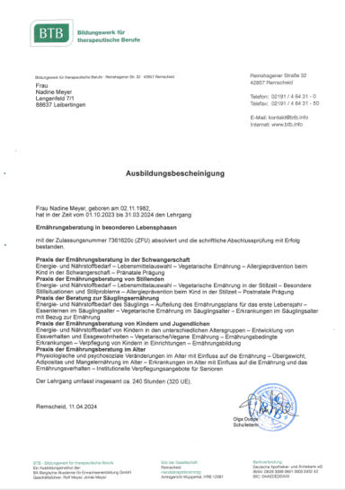 Ausbildungsbescheinigung BTB Ernährung in besonderen Lebensphasen