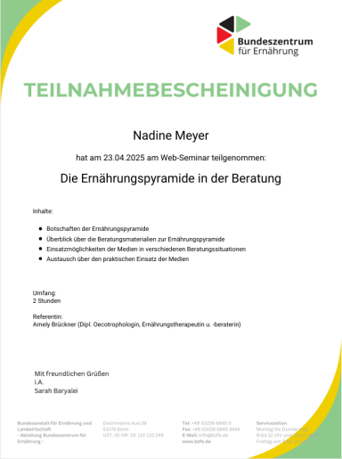 Teilnahmebescheinigung "Die Ernährungspyramide in der Beratung"
