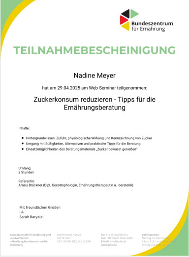 Teilnahmebescheinigung "Zuckerkonsum reduzieren"