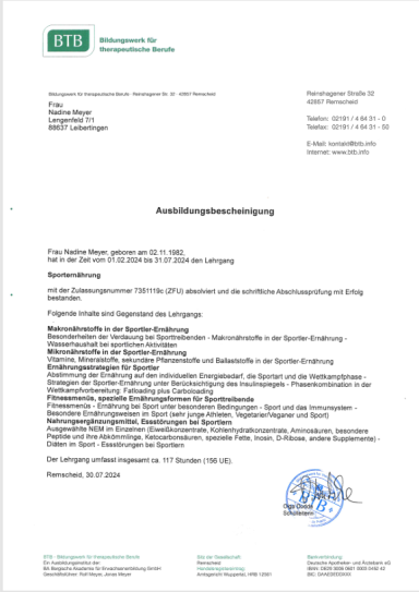 Ausbildungsbescheinigung BTB Sporternährung